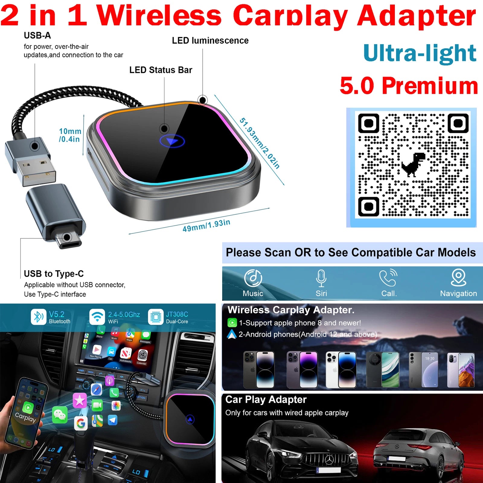 5.0 Wireless Adapter 2 in 1 For Apple CarPlay Android Auto Multimedia Video Play