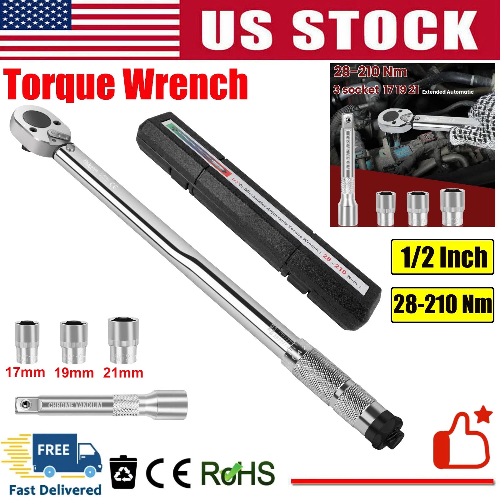 ?1/2'' Drive Torque Wrench Set 28-210 Nm Click Torque Wrench Adjustable NEW