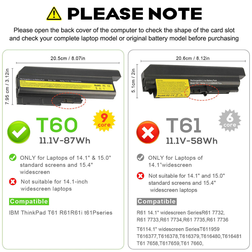 LOT T60 Battery For IBM Lenovo Thinkpad T61 T61p R61 R500 R61i R61e T500 7800mAh