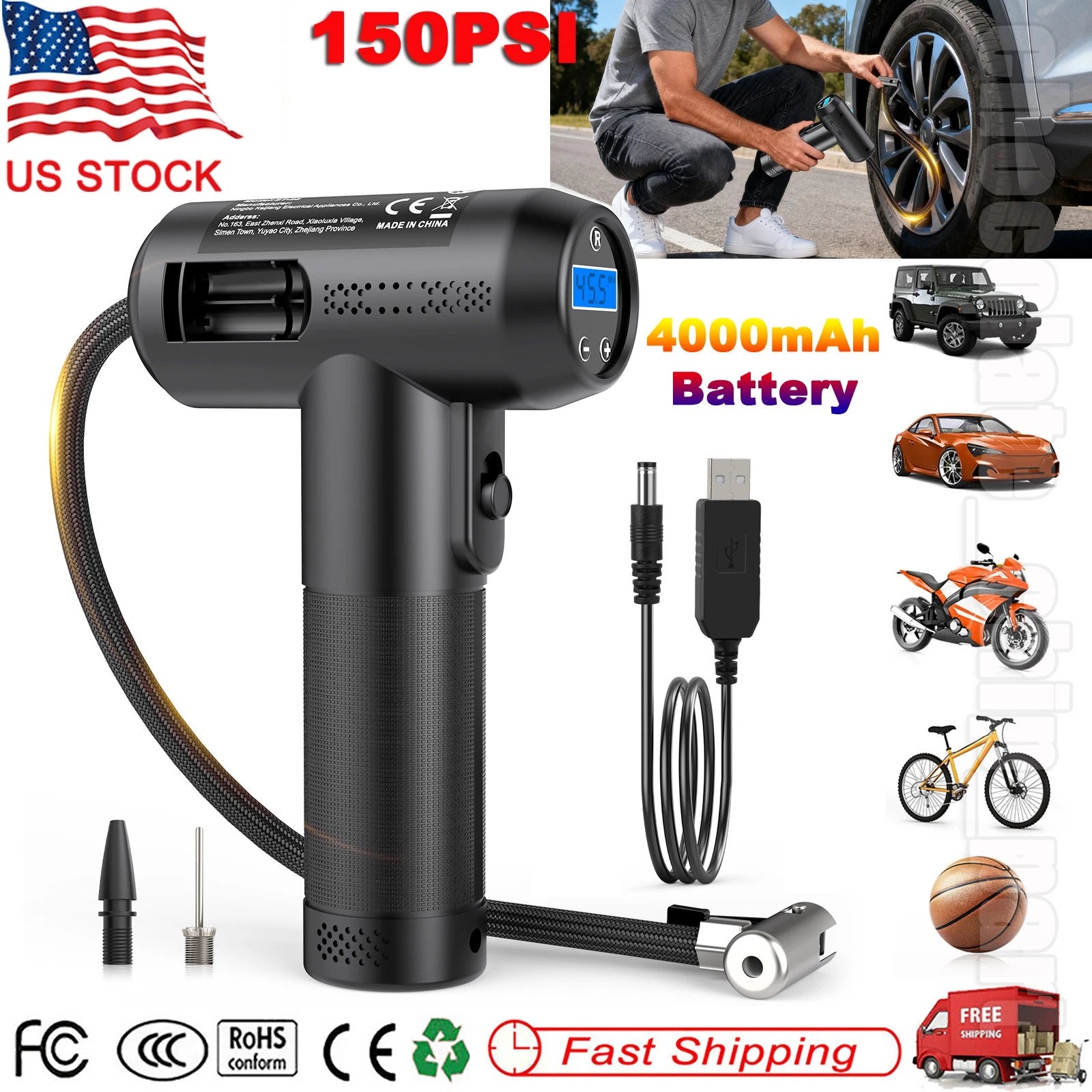 150PSI 12V LCD Digital Car Tyre Inflator Pump Portable Air Compressor LED Light