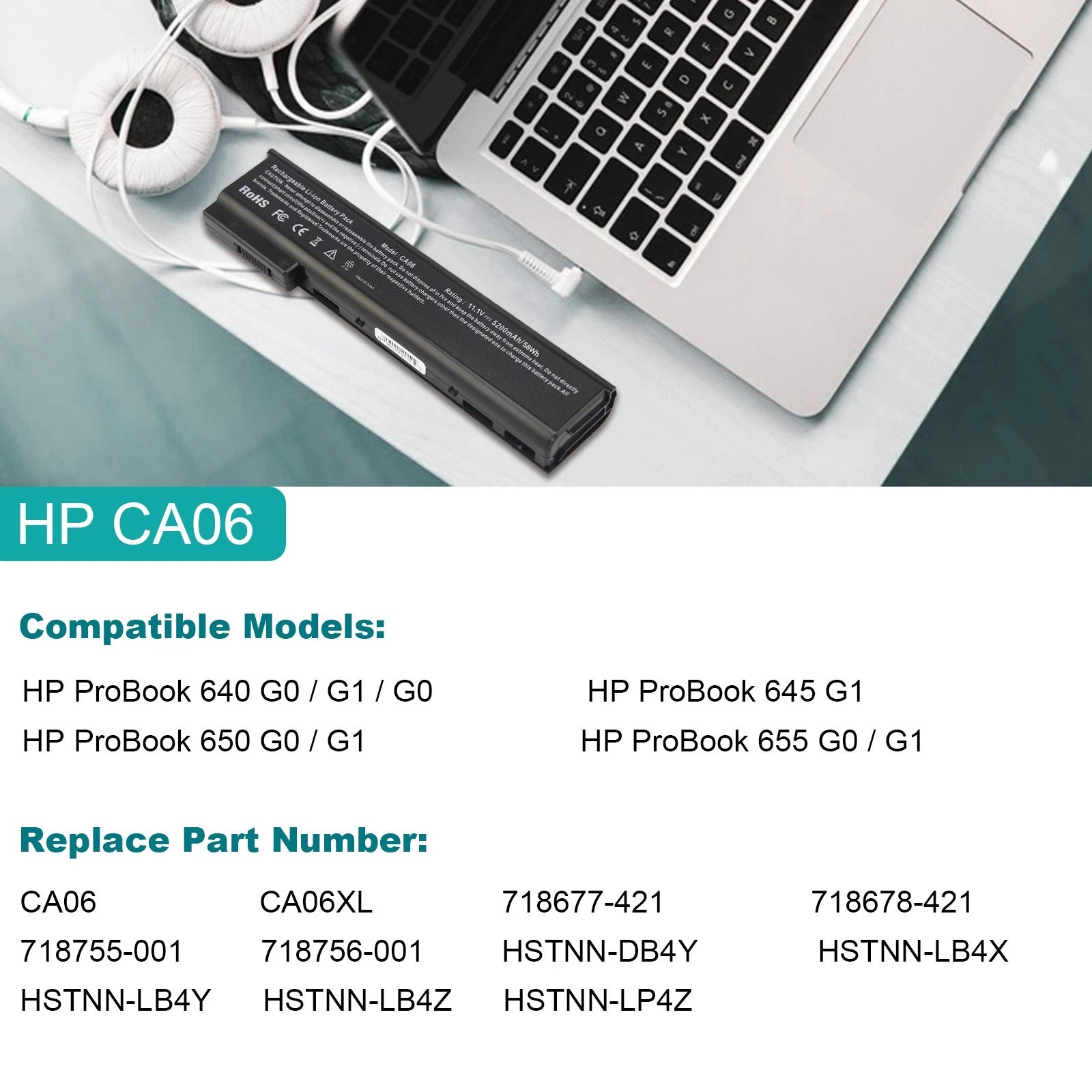 Replace CA06 Laptop Battery for HP Probook 640 G1 645 G1 650 G1 655 G0 5200mAh