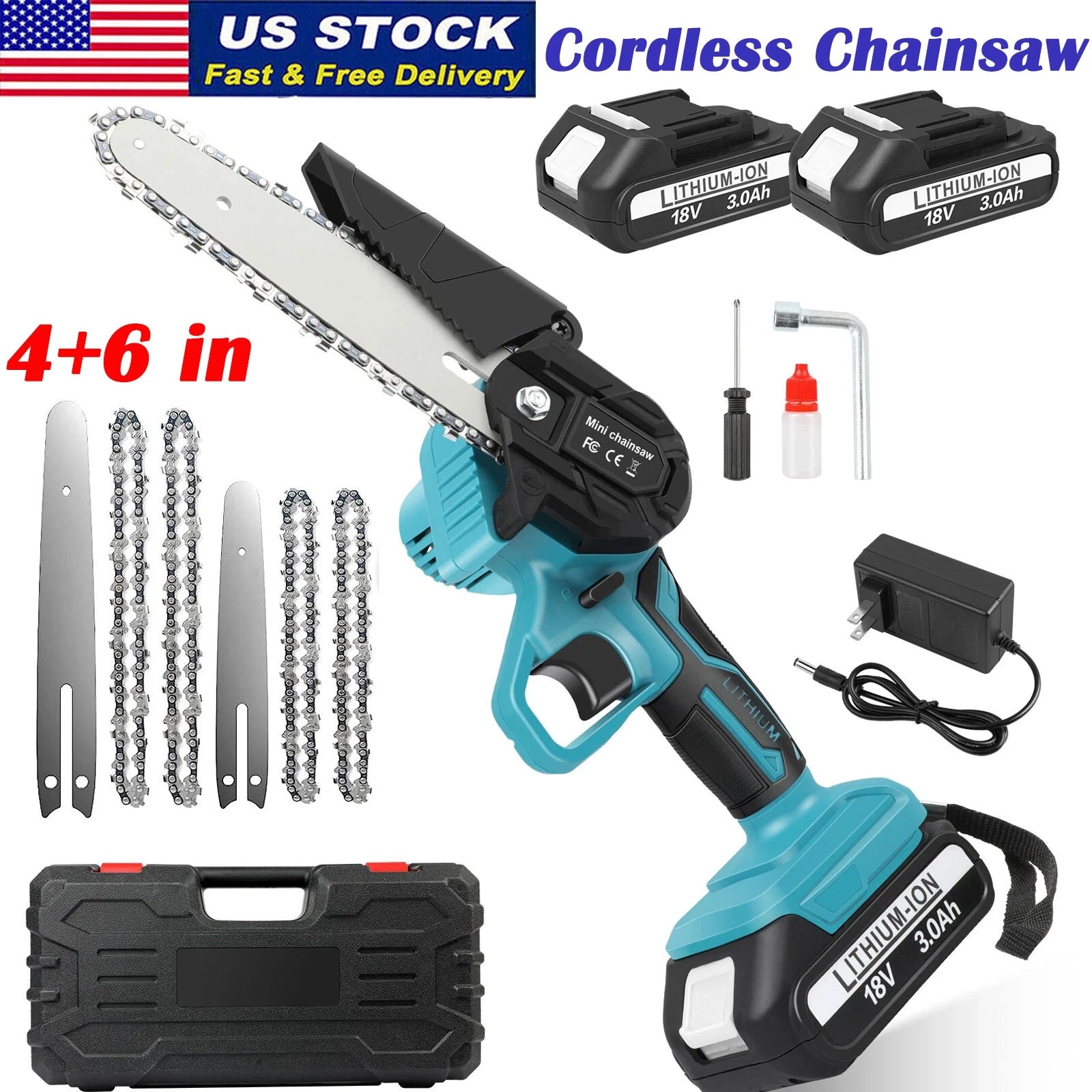 4/6inch Electric Mini Chainsaw Handheld Cordless Wood Chainsaw 2×3Ah Battery US