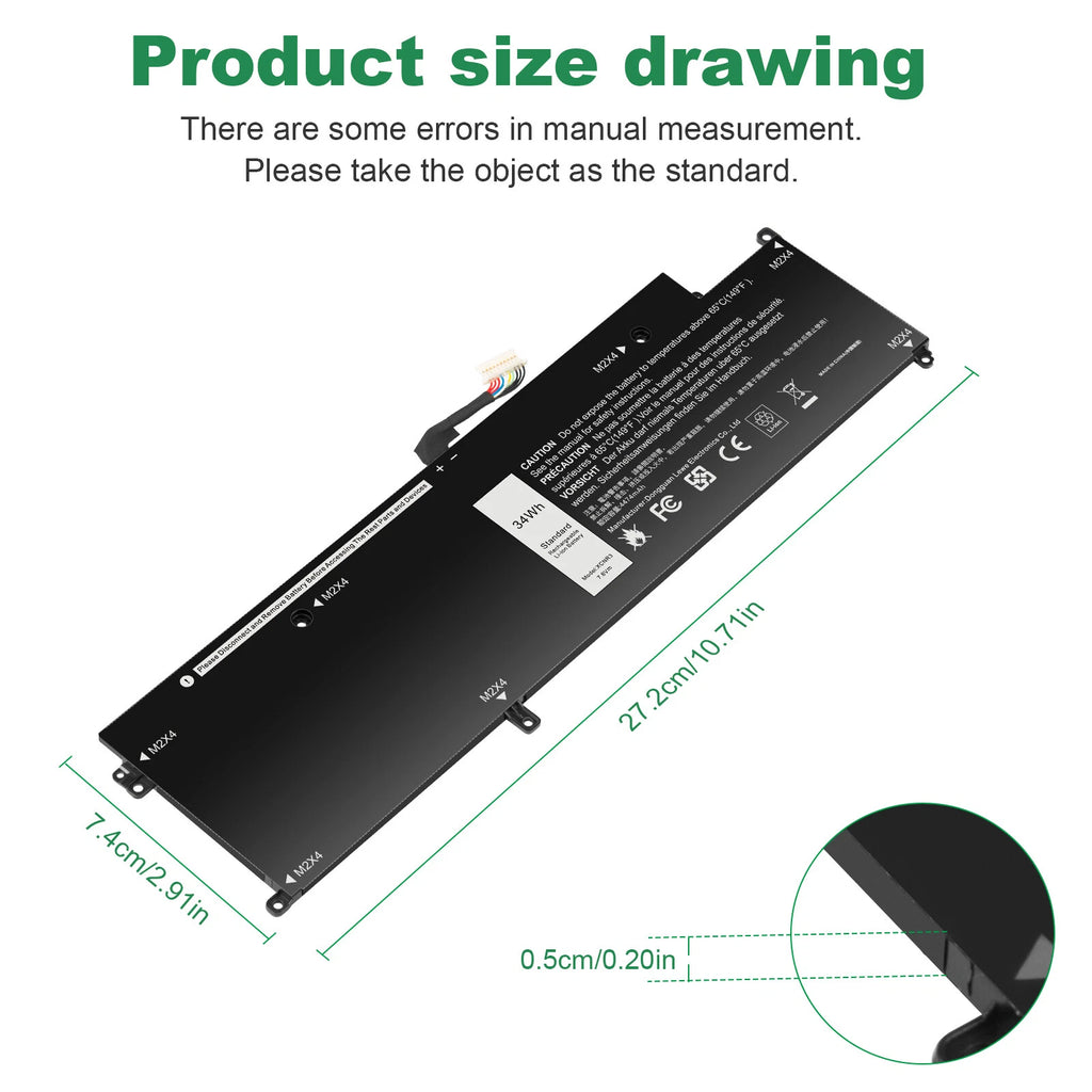 XCNR3 Laptop Battery for Dell Latitude 13 7370 E7370 Series WY7CG MH25J 34Wh