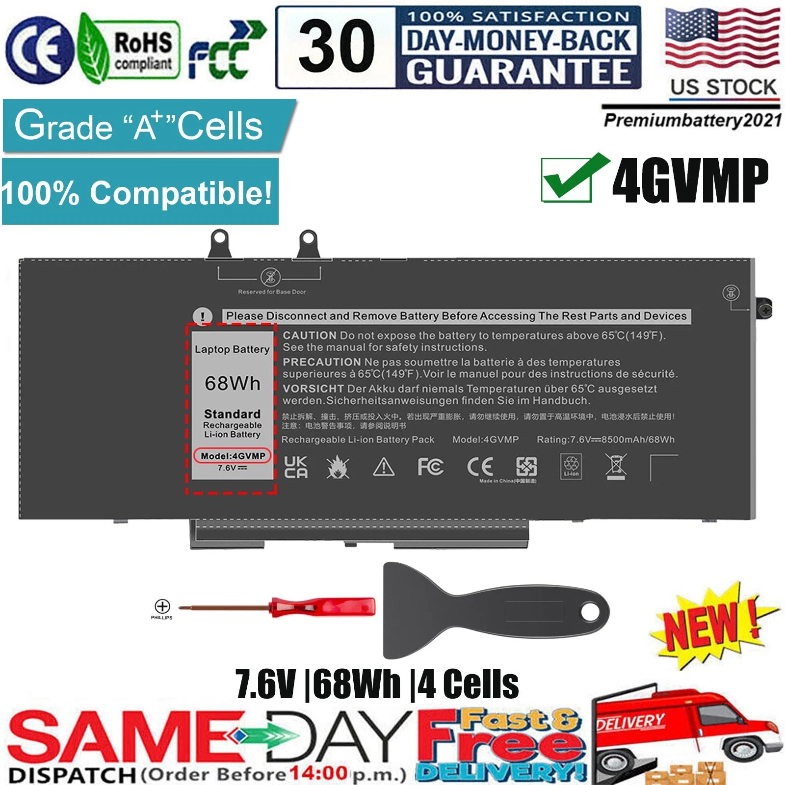 ?4GVMP Battery for Dell Latitude 5400 5500 E5400 Precision 3540 9JRYT C5GV2 68Wh