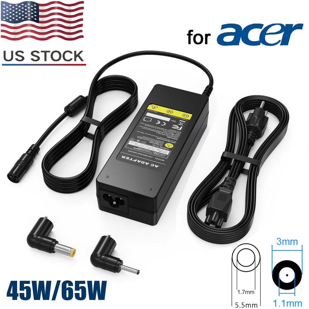 For Acer Aspire 65W Laptop AC Adapter Charger Power Cord 5.5*1.7mm + 3.0*1.1mm