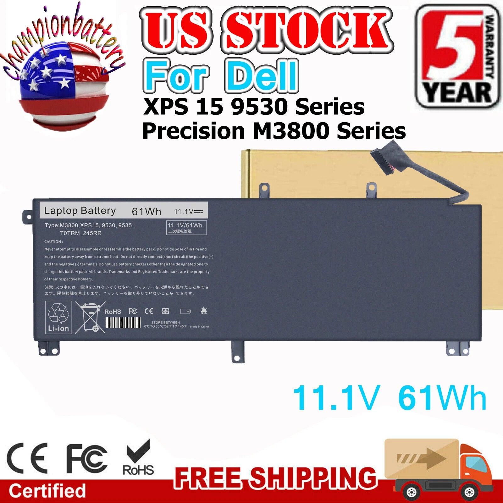 61Wh Battery For Dell XPS 15 9530 Precision M3800 245RR T0TRM H76MV 7D1WJ US