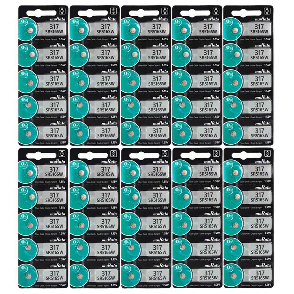 50 x Murata 317 Silver Oxide batteries 1.55V SR516SW SR62 0% Mercury Watches