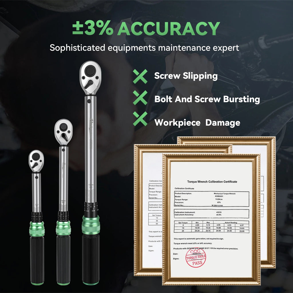 ?3Pc Torque Wrench 1/4" 3/8" 1/2" Drive Adjustable 5Nm- 200Nm w/ bag Upgraded