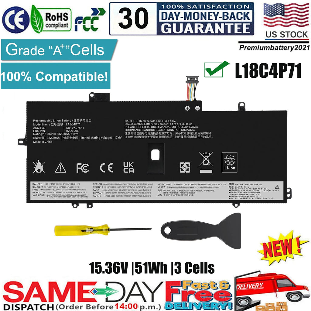 ?Battery L18C4P71 51Wh For Lenovo ThinkPad X1 Carbon 7th Gen 2019 / 8th Gen 2020