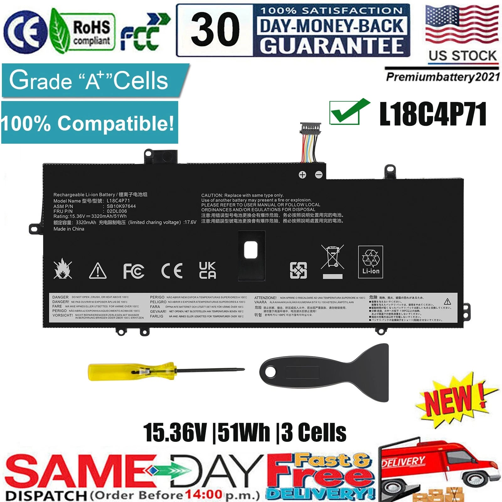 ?Battery L18C4P71 51Wh For Lenovo ThinkPad X1 Carbon 7th Gen 2019 / 8th Gen 2020