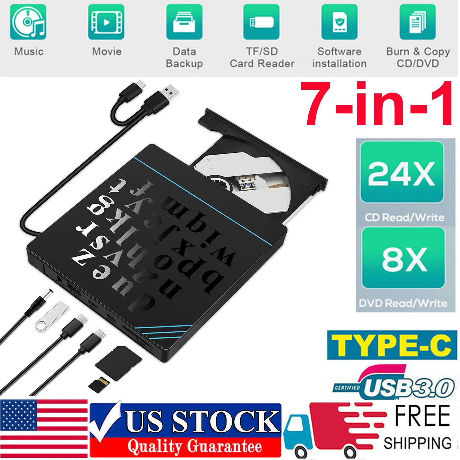 7-in-1 External USB 3.0 Type-C DVD Reader CD Burner Drive Player for Laptop Win