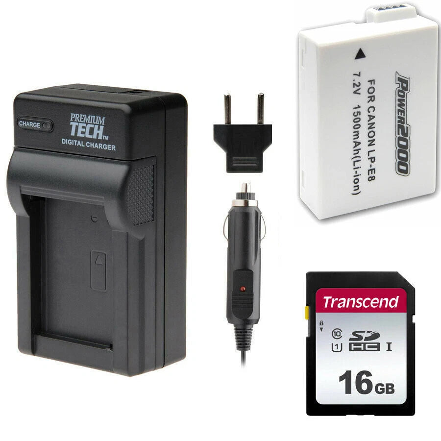 LP-E8 Battery & Charger + 16GB SDHC Memory for Canon EOS T2i, T3i, T4i, T5i