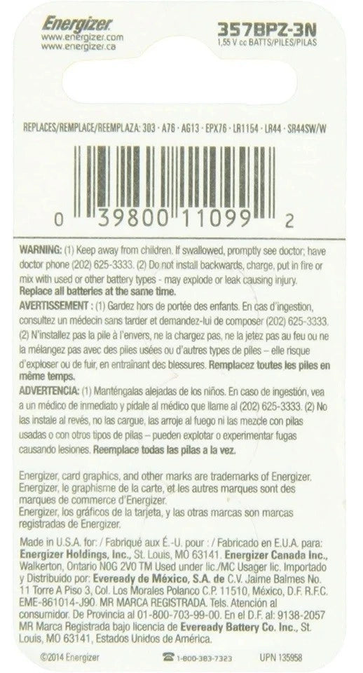 Energizer 357 Battery, (Pack of 3)