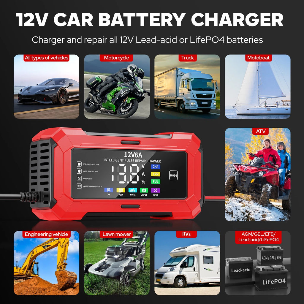 12V 6A Smart Car Battery Charger for LiFePO4 Maintainer Trickle Repair Lithium
