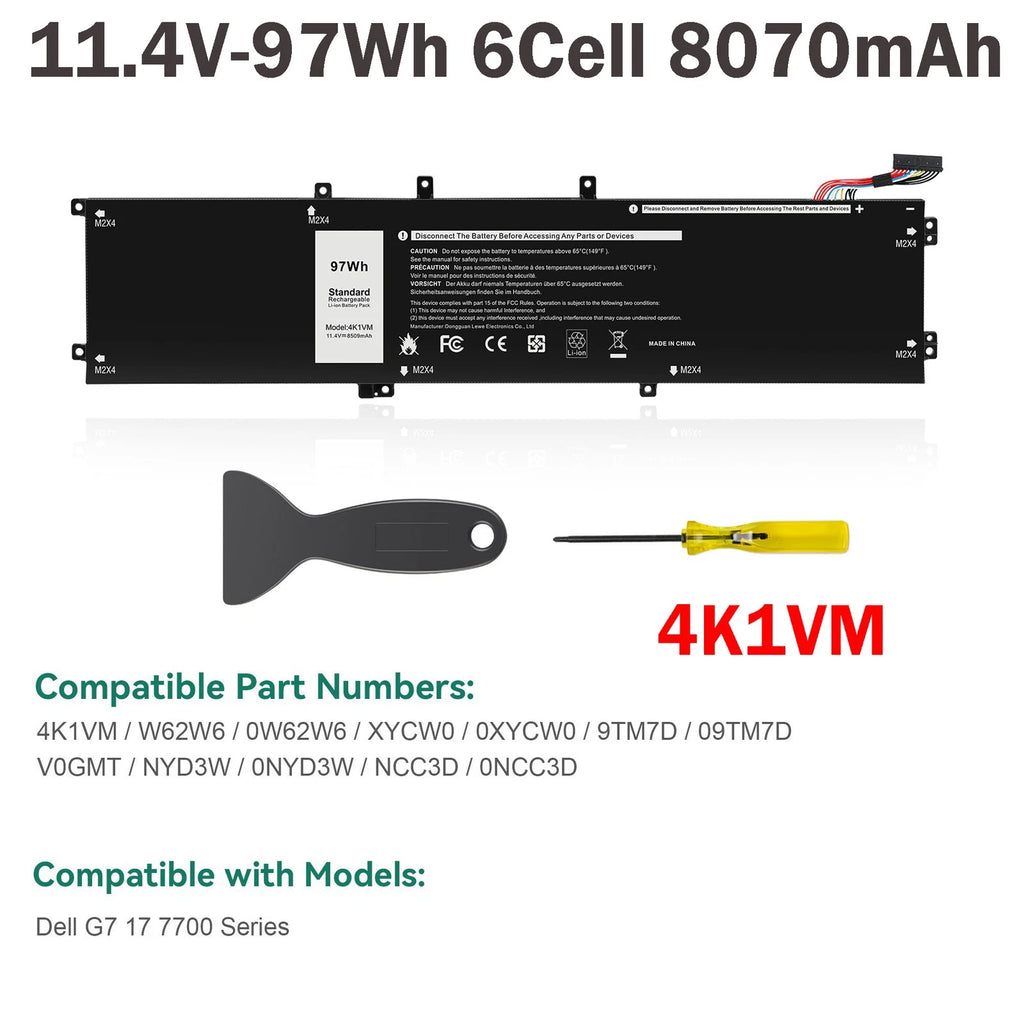 Replace 4K1VM Battery For Dell G7 17 7700 Series W62W6 XYCW0 9TM7D 0NCC3D 97Wh