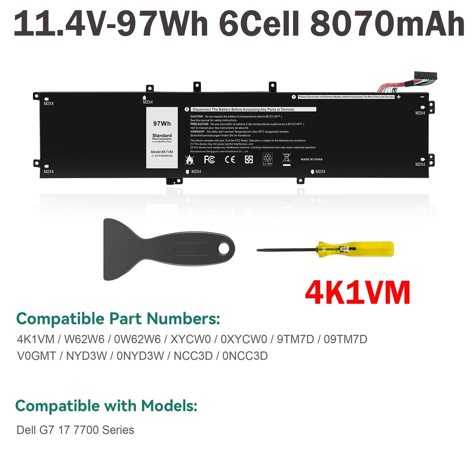 Replace 4K1VM Battery For Dell G7 17 7700 Series W62W6 XYCW0 9TM7D 0NCC3D 97Wh