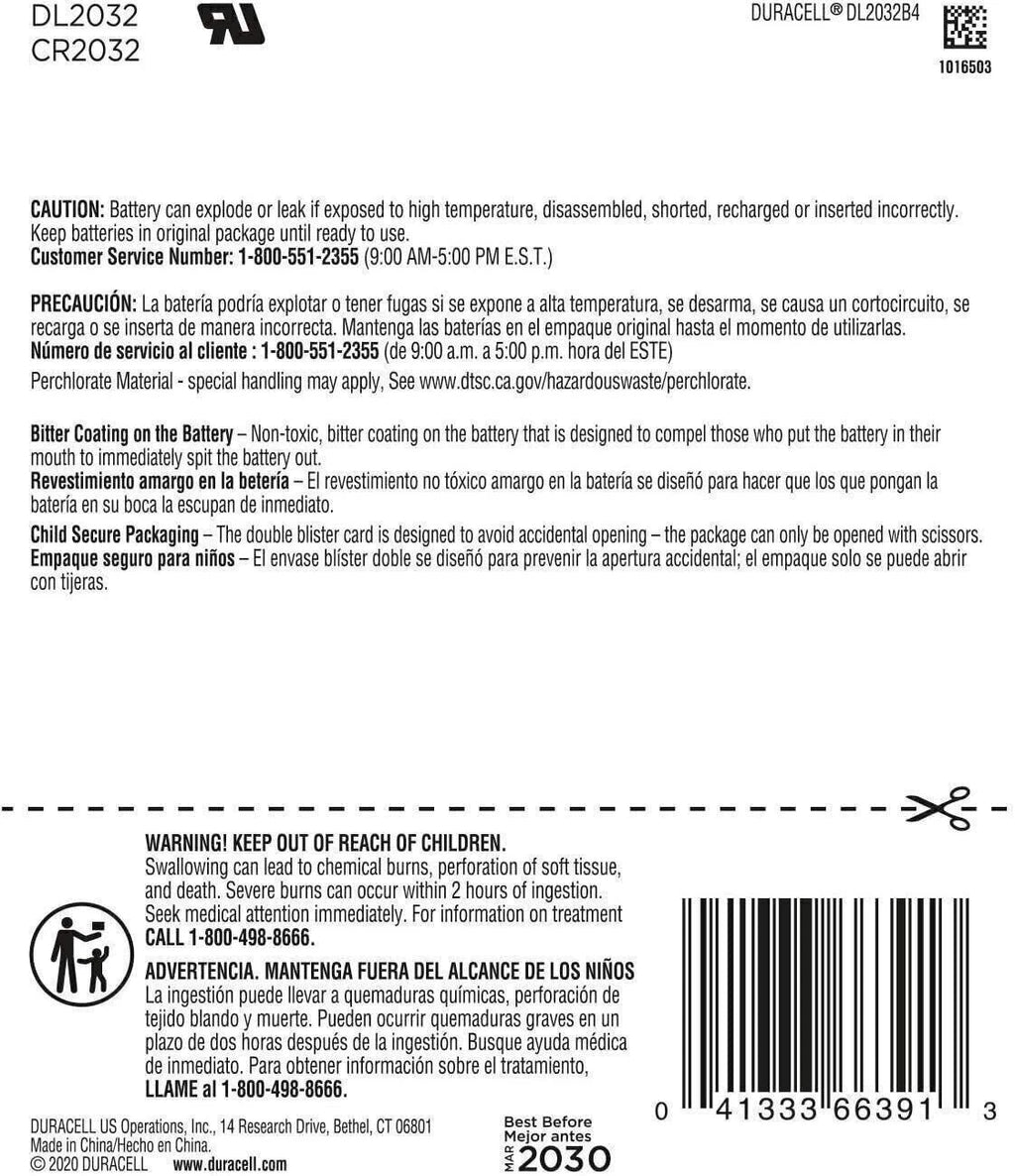 Duracell Lithium Medical Battery, 3V, 2032, 4/Pack, Model: , Hand/Wrist Watch...
