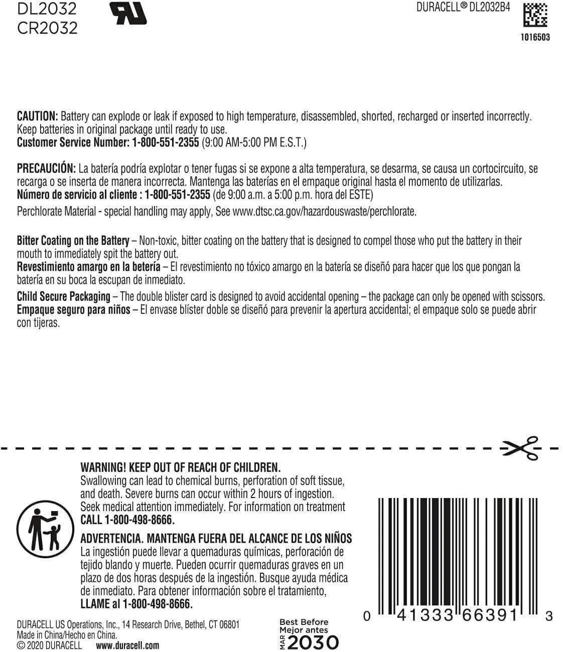 Duracell Lithium Medical Battery, 3V, 2032, 4/Pack, Model: , Hand/Wrist Watch...