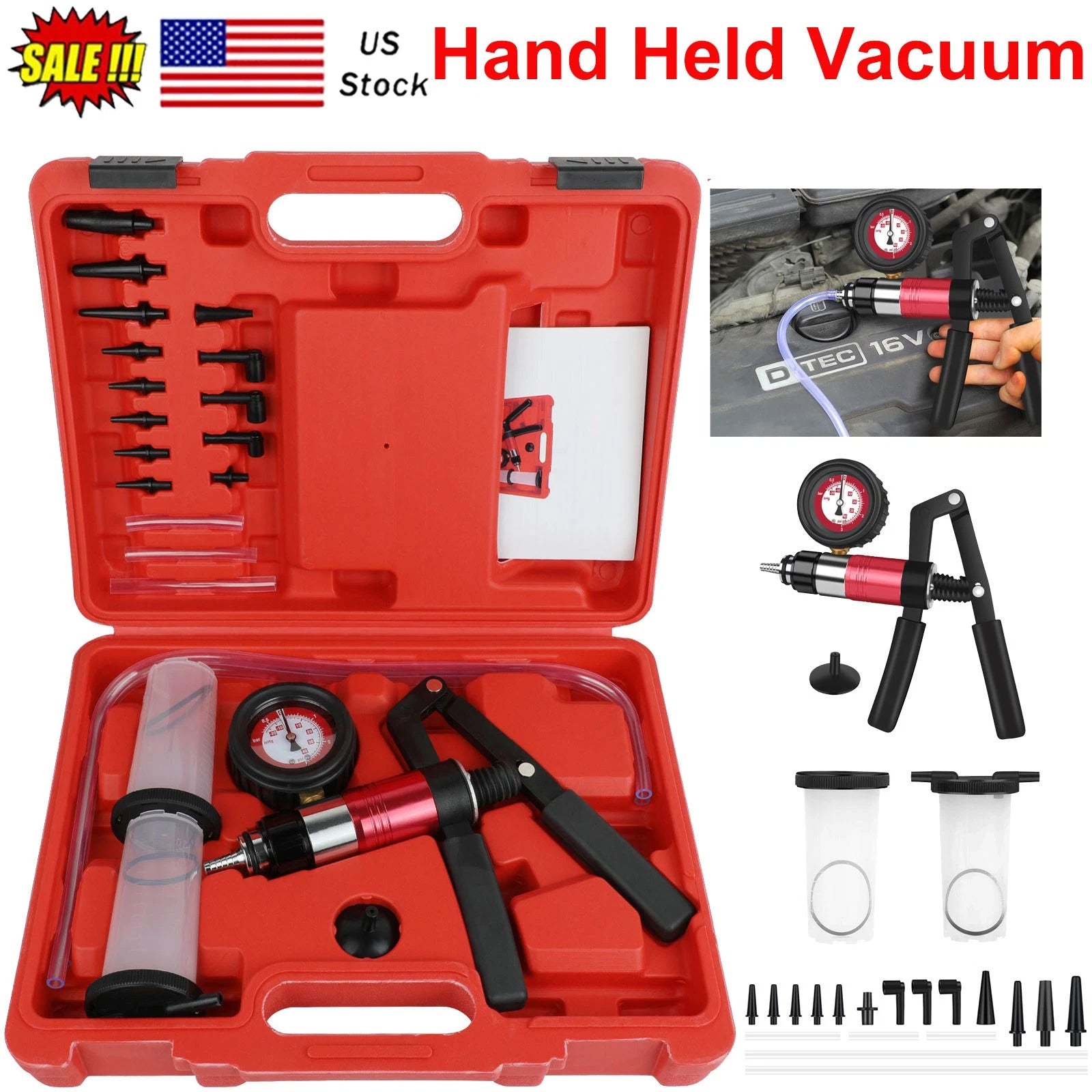 23Pcs Hand Held Vacuum and Pressure Pump Tester Tool Brake Bleeder Kit + Case