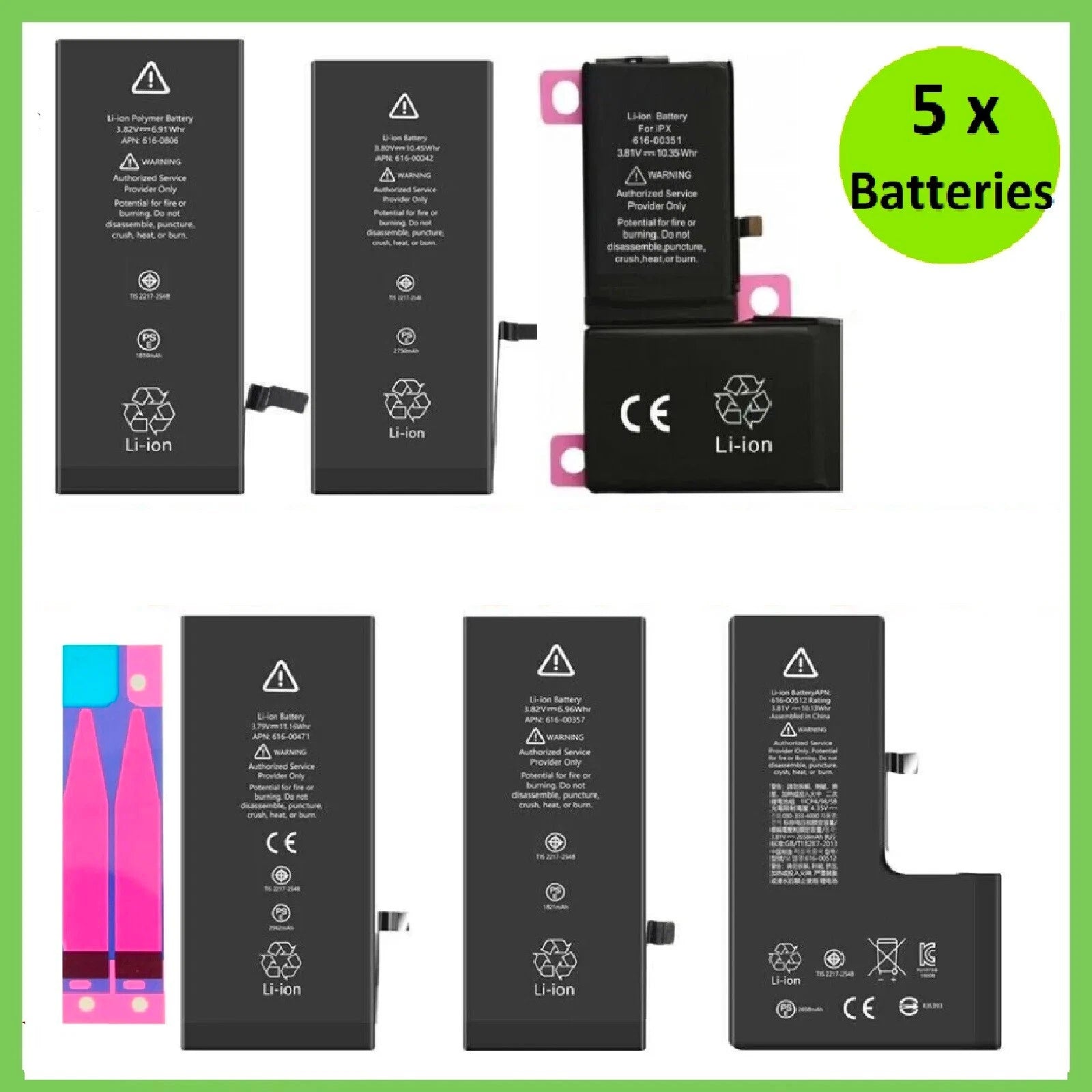 Premium Quality Replacement Battery For iPhone 5 6S 7 8 11 12 13 XR XS LOT (5x)