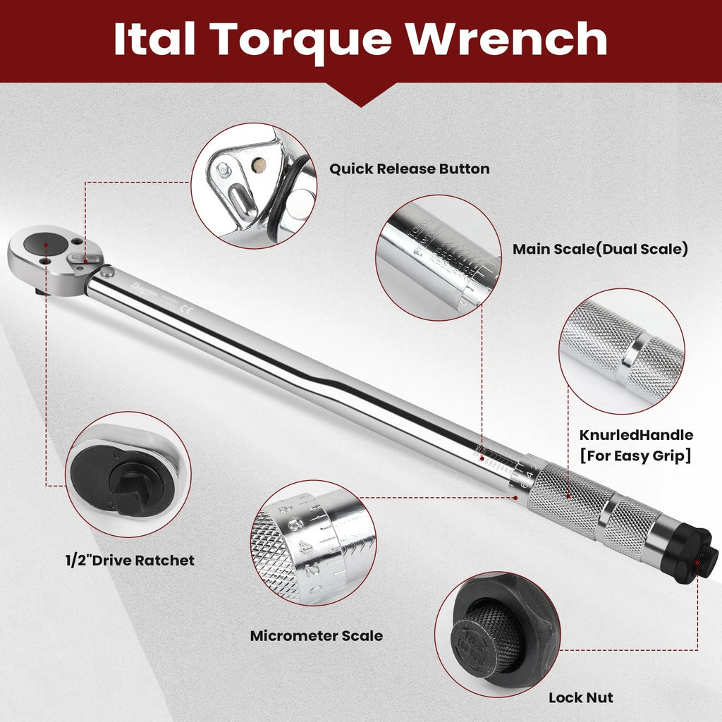 ?1/2'' Drive Torque Wrench Set 28-210 Nm Click Torque Wrench Adjustable NEW