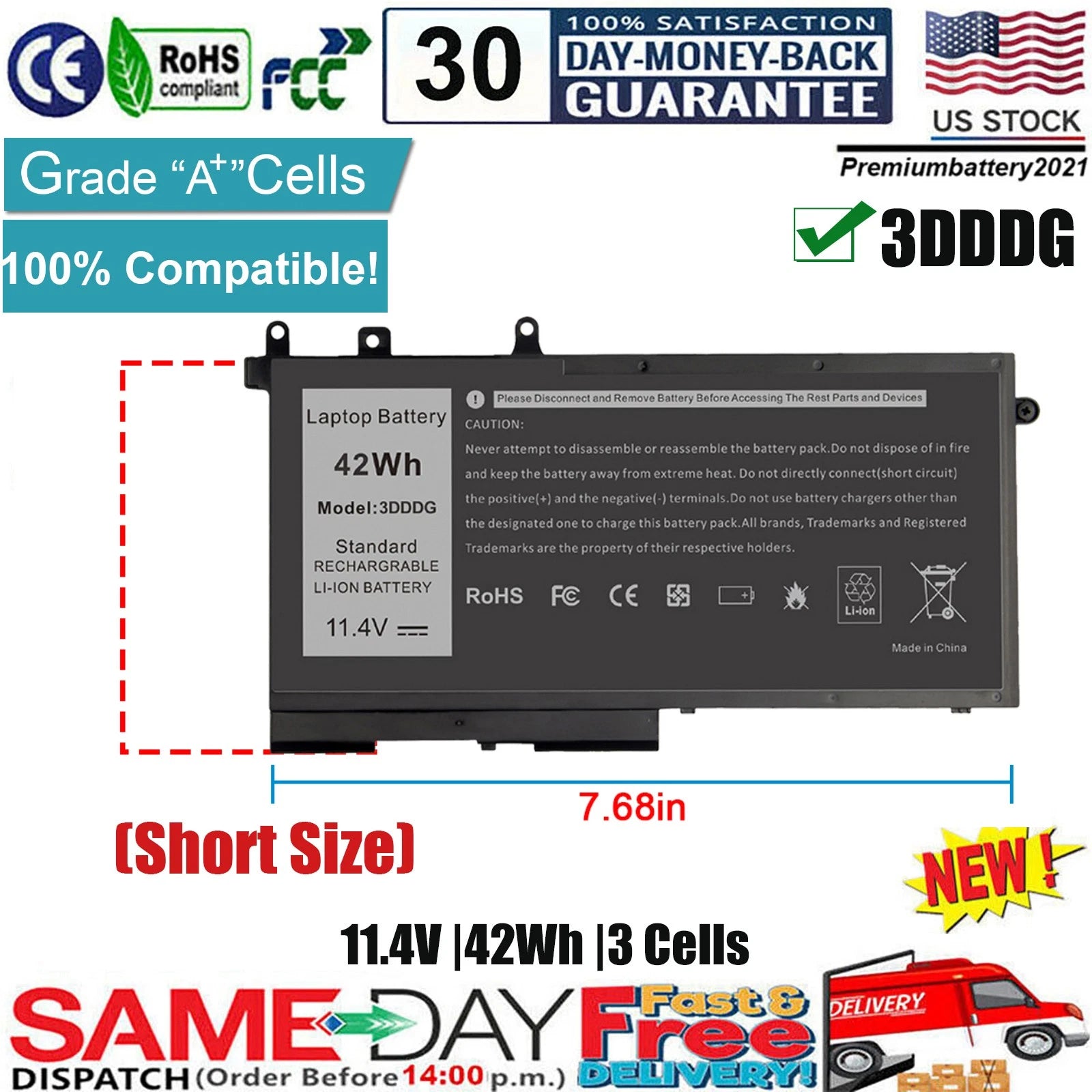 ?42Wh 3DDDG Battery For Dell Latitude E5280 E5480 E5580 5490 5590 Precision 3520