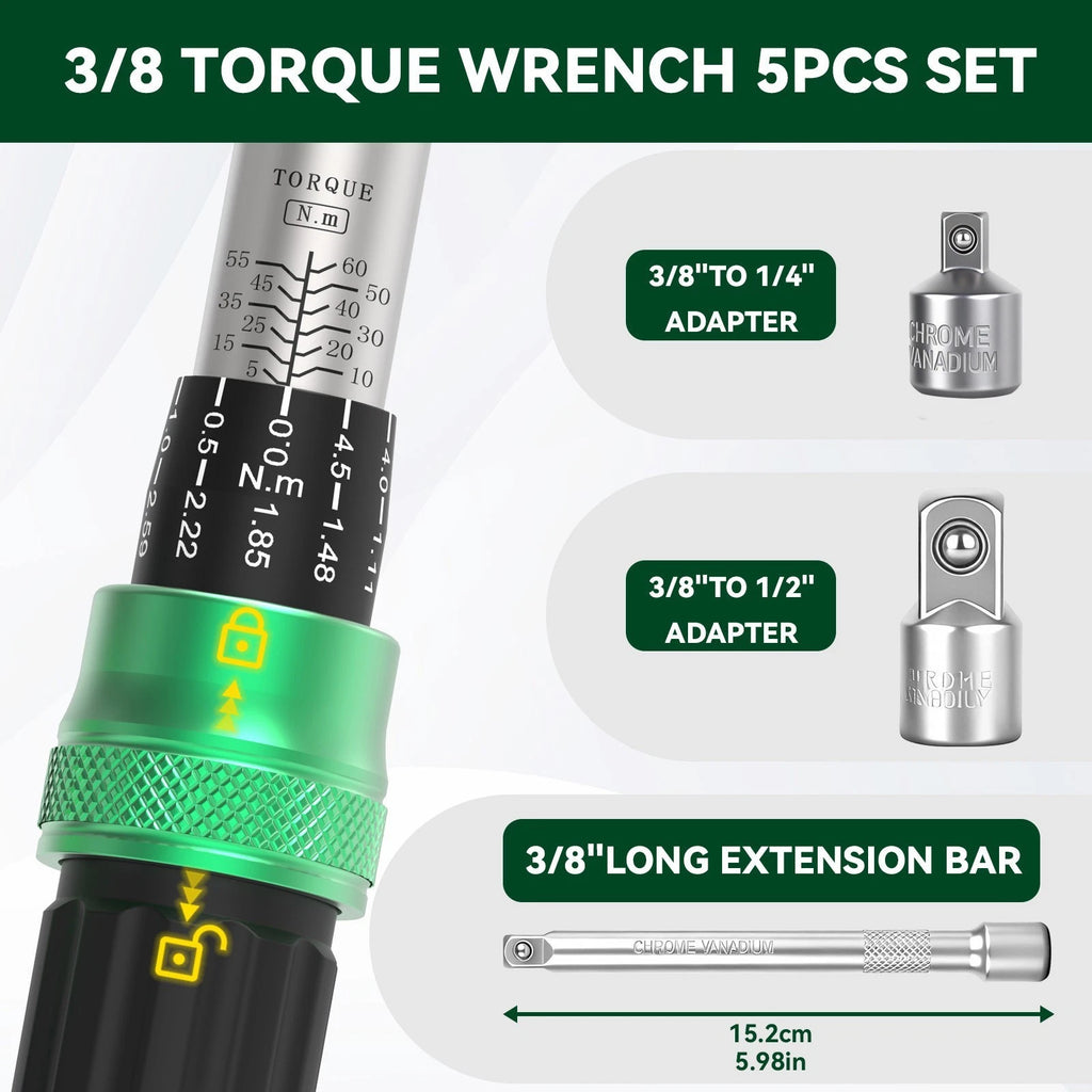?3/8" Drive Torque Wrench 3.69-44.3 ft.lb/5-60n.m w/ 1/2'' & 1/4'' Adapter 2026