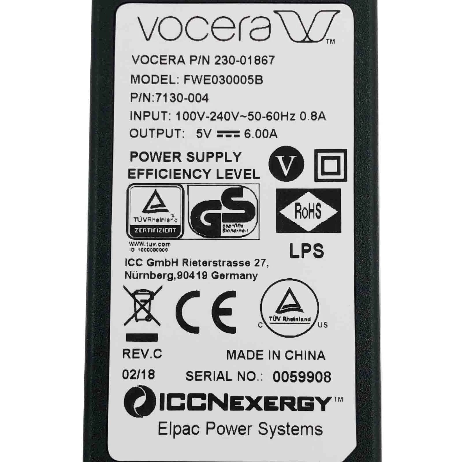 New Genuine Vocera 230-01867 FWE030005B Power Supply Adapter 5V 6A 30W Charger
