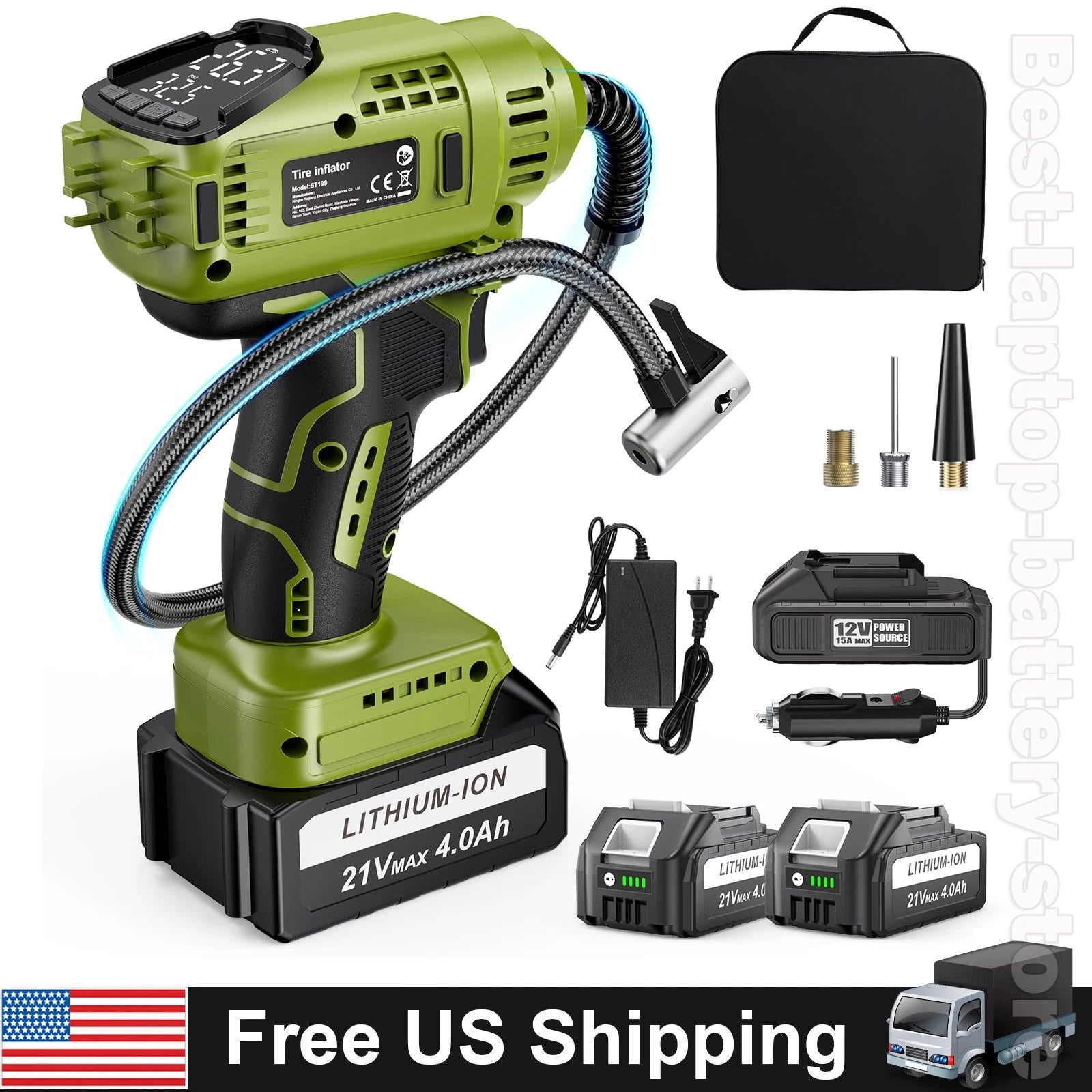 Cordless Tire Inflator Air Compressor Car TirePump with 21V Rechargeable Battery