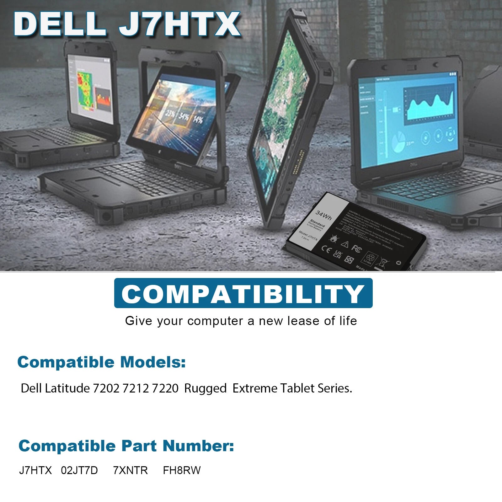 J7HTX BATTERY FOR DELL Latitude 7212 7220 Rugged Tablet Battery 2JT70 FH8RW 34Wh