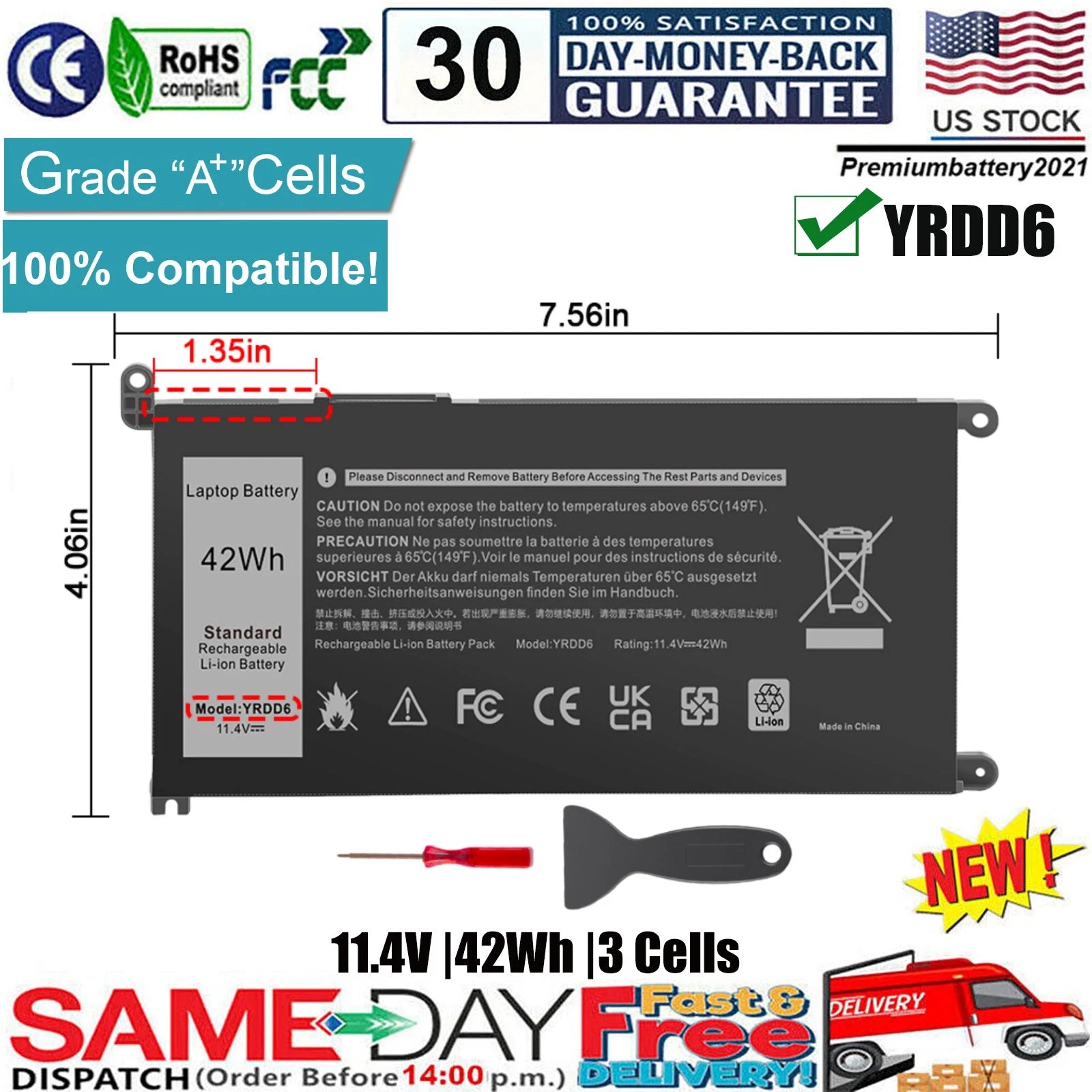?YRDD6 Battery for Dell Inspiron 3582 3593 3793 5493 5585 5593 5480 5590 5594 US