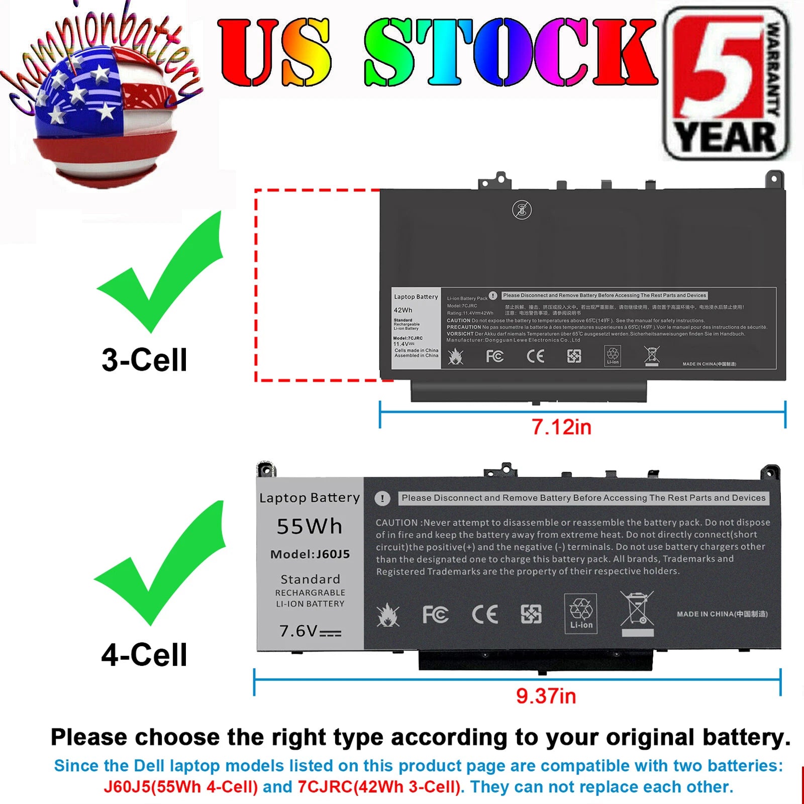 J60J5 7CJRC Replace Battery for Dell Latitude E7270 E7470 7470 7270 MC34Y TX283