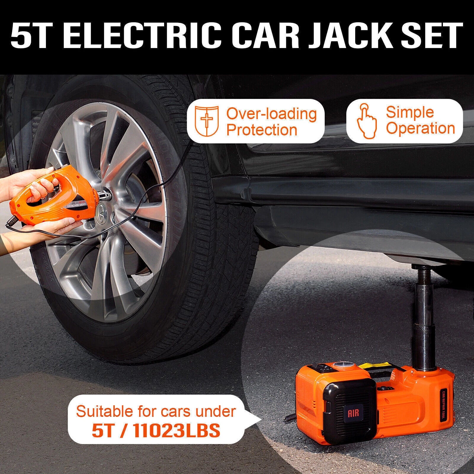 5 Ton 12V Electric Hydraulic Car Jack Lift Kit Impact Wrench for Emergency Tyre