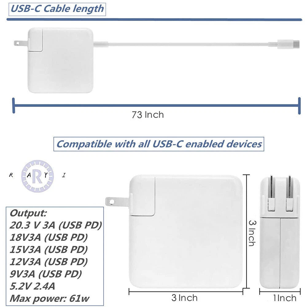 61W USB C Type C Adapter MacBook Pro 13'' A1708 2016 2017 2018 2019 2020 Charger