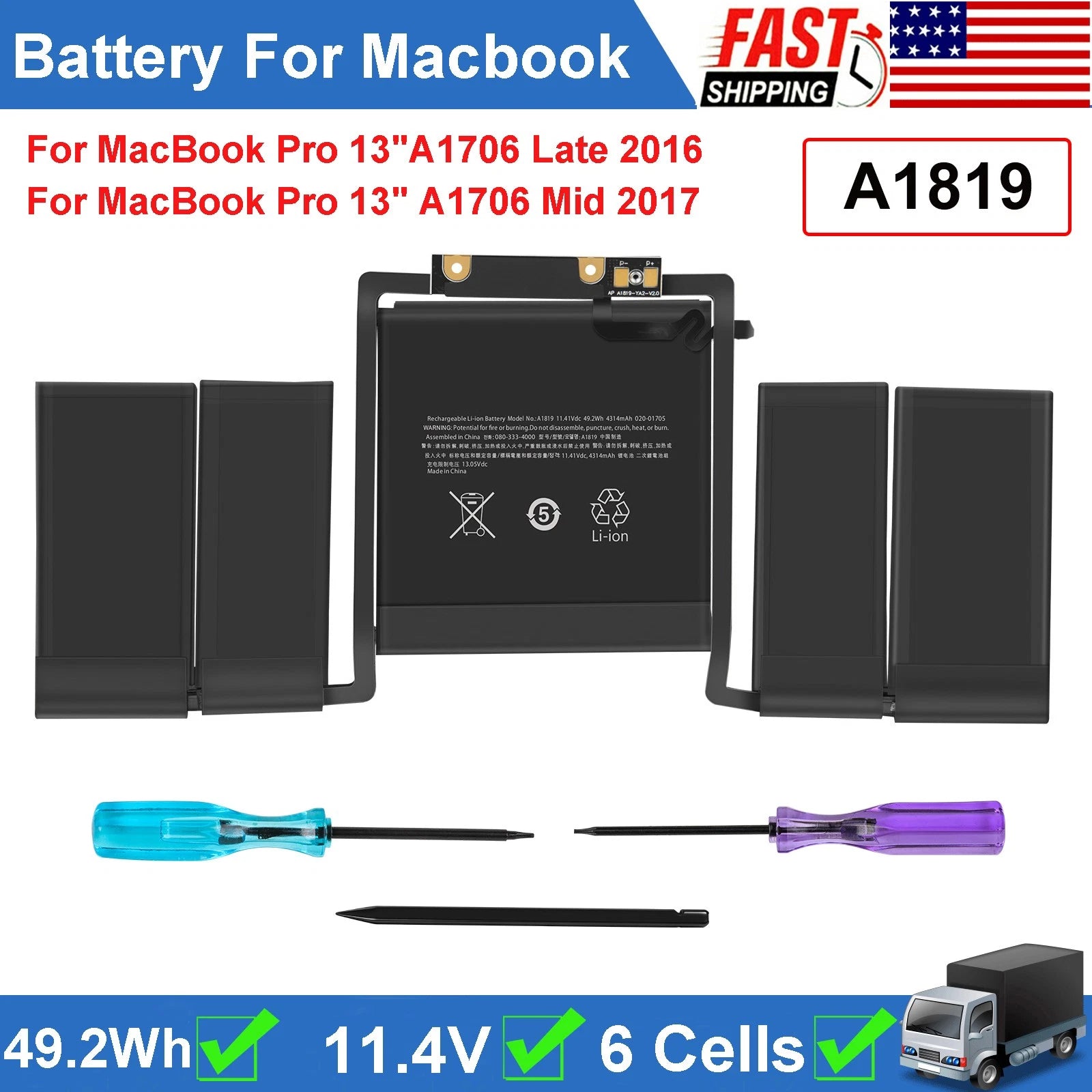 A1706 A1819 Battery For MacBook Pro 13"A1706 Late 2016, Mid 2017 EMC 3071 3163