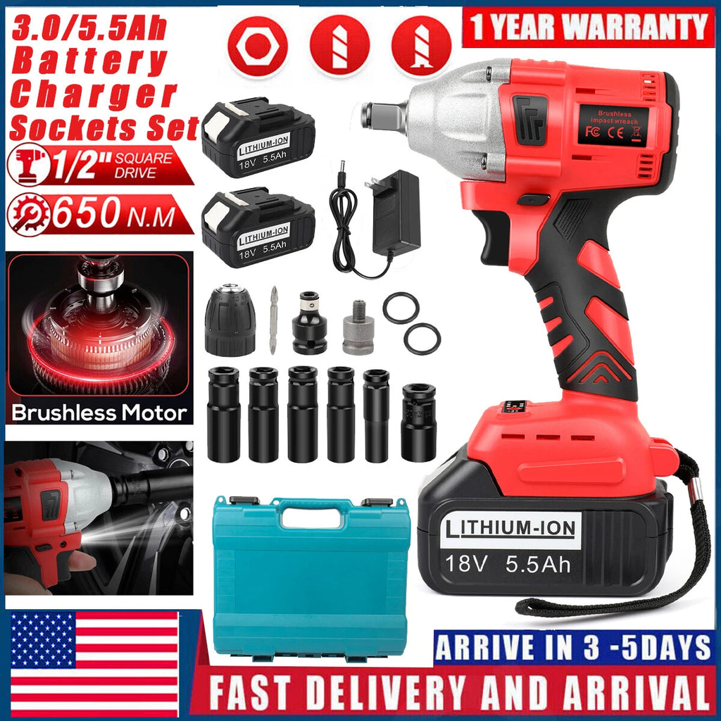 Cordless Electric Impact Wrench Gun 1/2'' High Power Driver With 2 Battery 18V