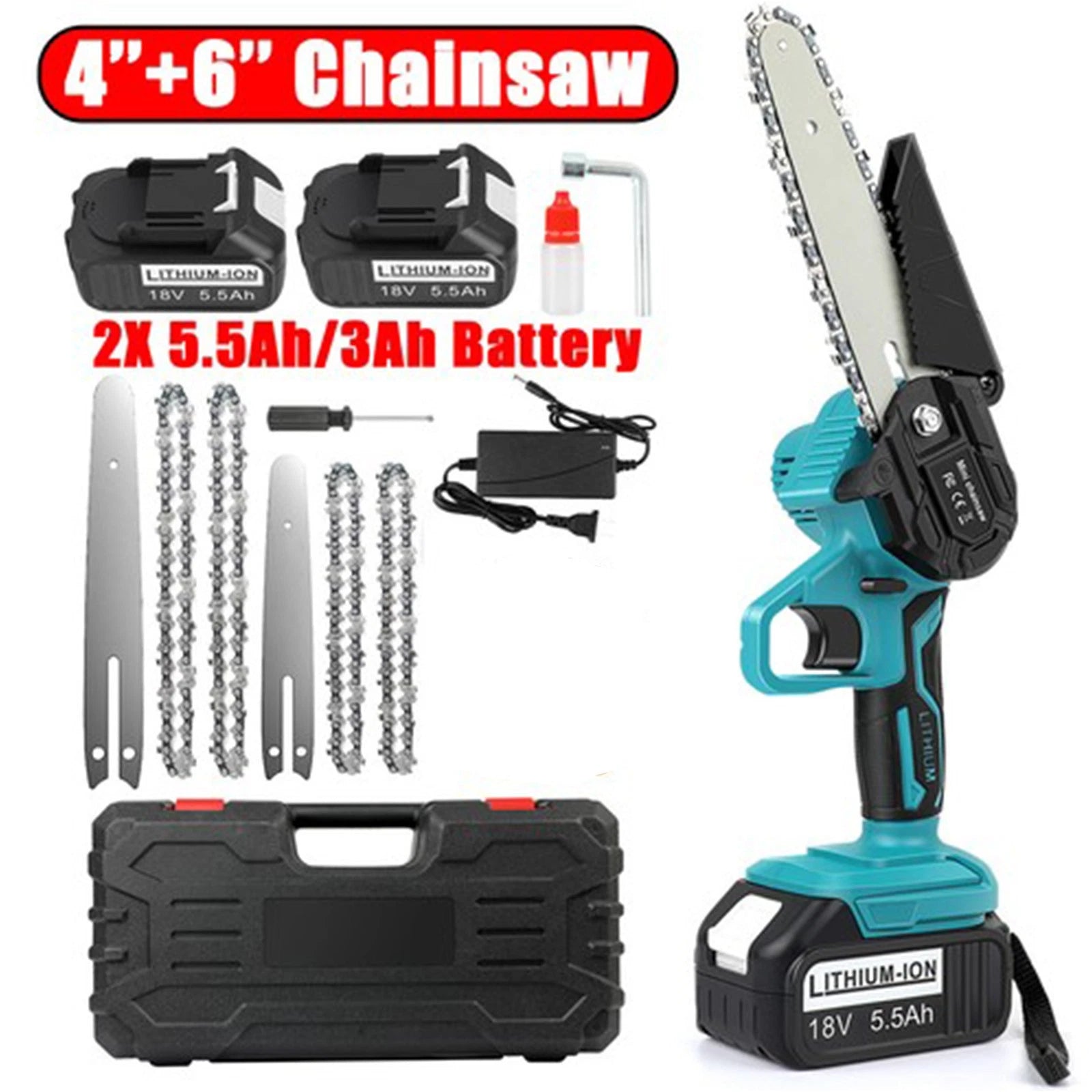 4''+6" Electric Mini Chainsaw 18V Handheld Cordless Wood Cutter W/ 2 Battery