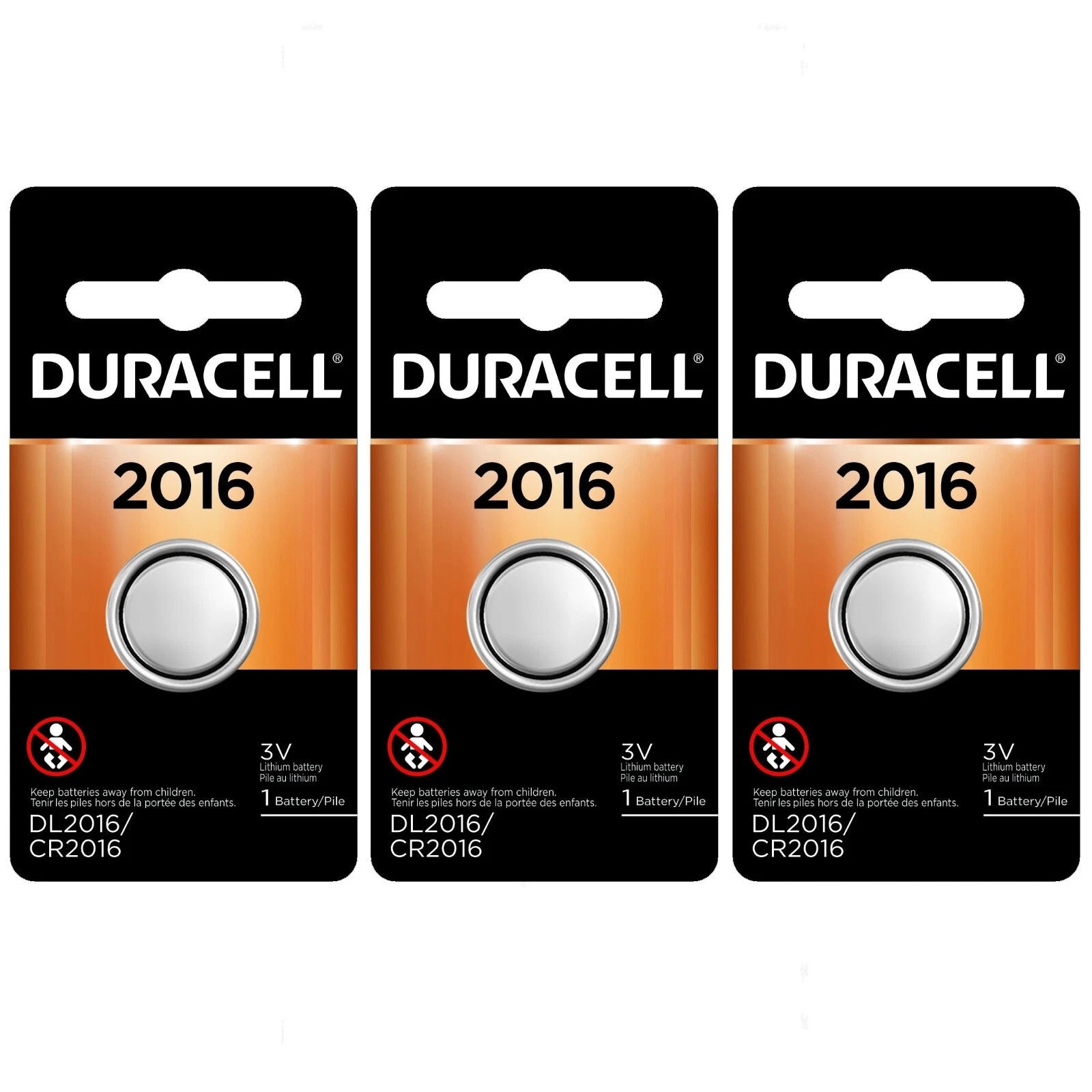 3 2016 Duracell Coin Cell Batteries - Lithium 3V - (CR2016, ECR2016, DL2016)
