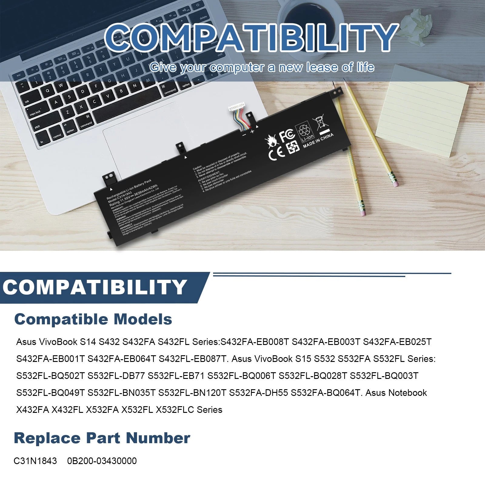 C31N1843 Battery For ASUS VivoBook S14 S432FA S432FL S15 S532FA S532FL X432FA US