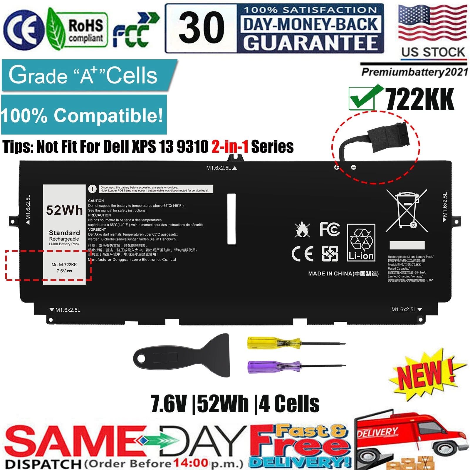 ?LOT 722KK Battery For DELL XPS 13 9310 9300 9380 (2020)13.4"0WN0N0 02XXFW 2XXFW