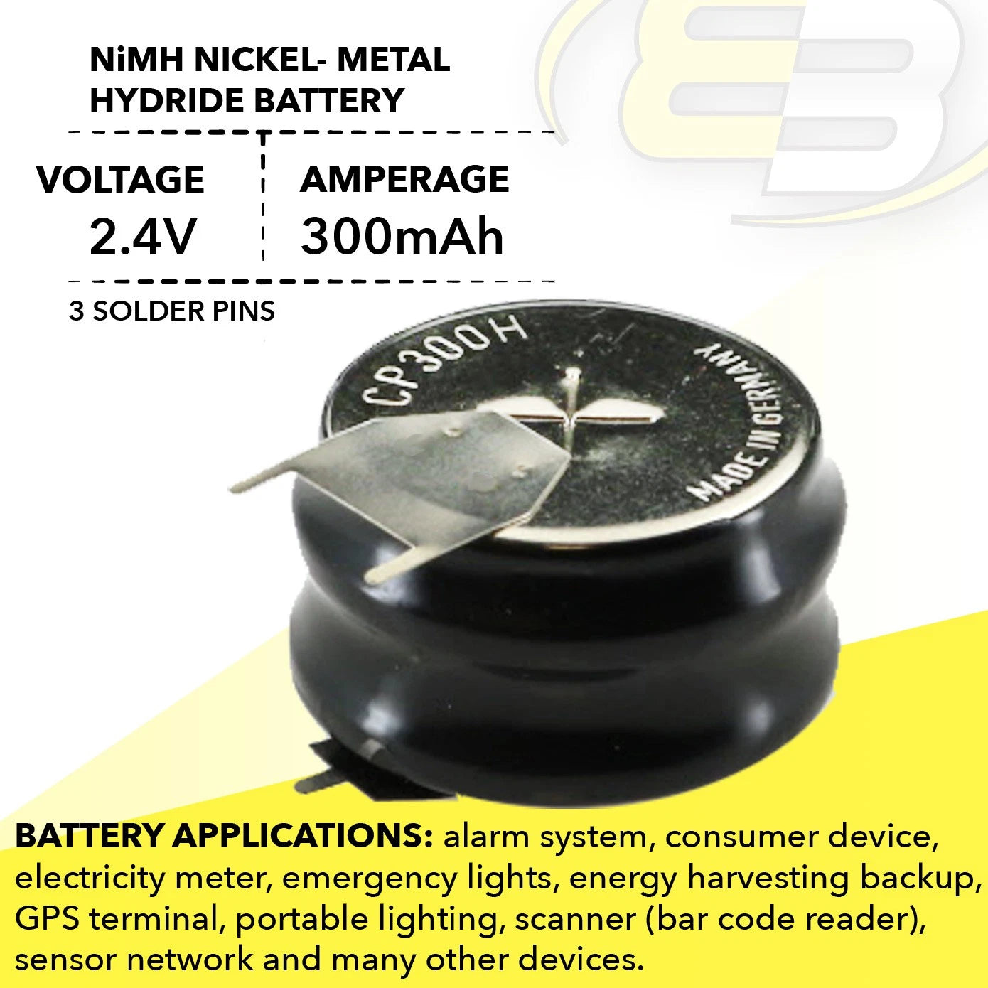 2x 2/CP300H-3PIN 2.4V 300mAh NiMH Battery w/PINS For RTC, MBU, Senors, Metering