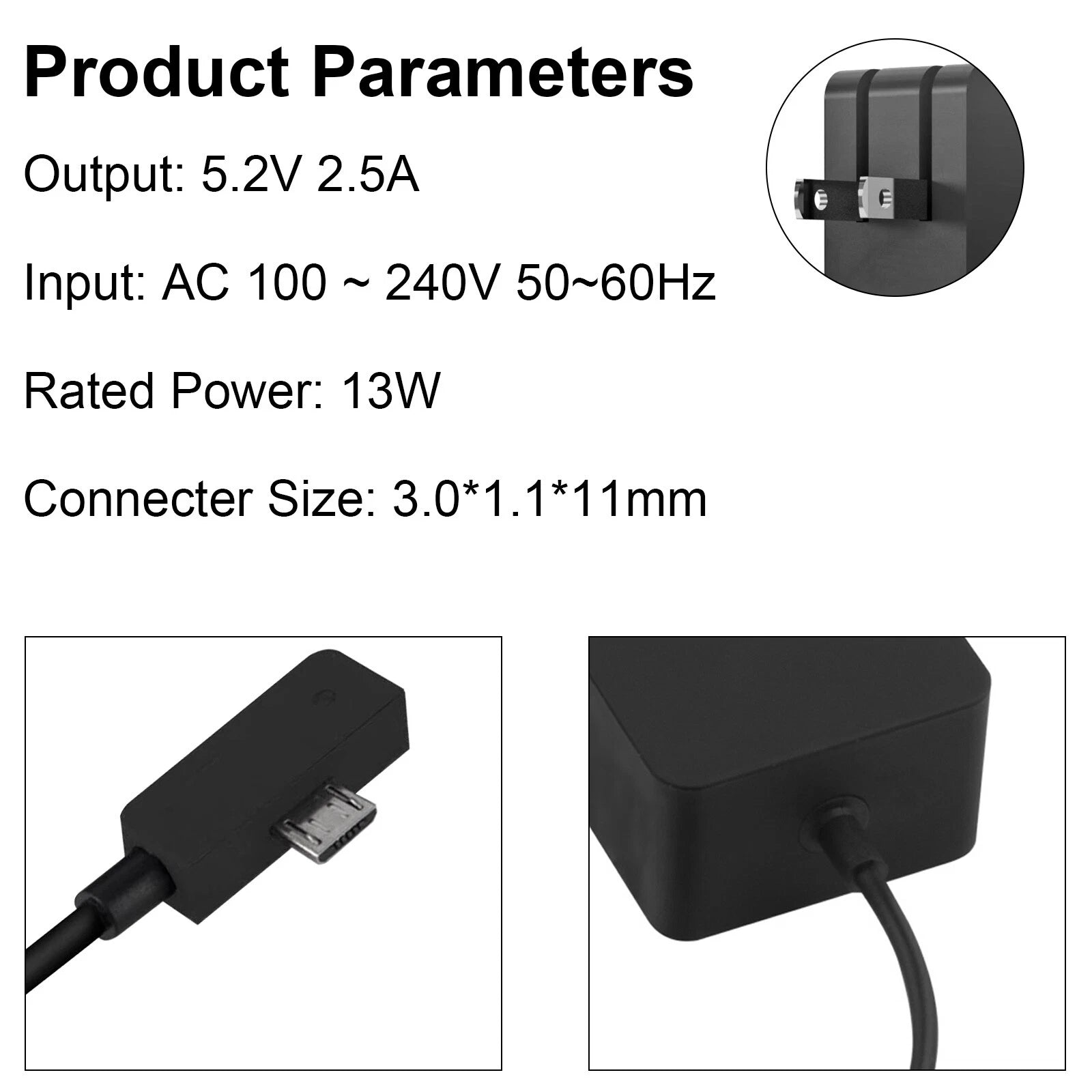 5.2V Micro USB Adapter Charger Power Supply For Microsoft Surface 3 Tablet PC