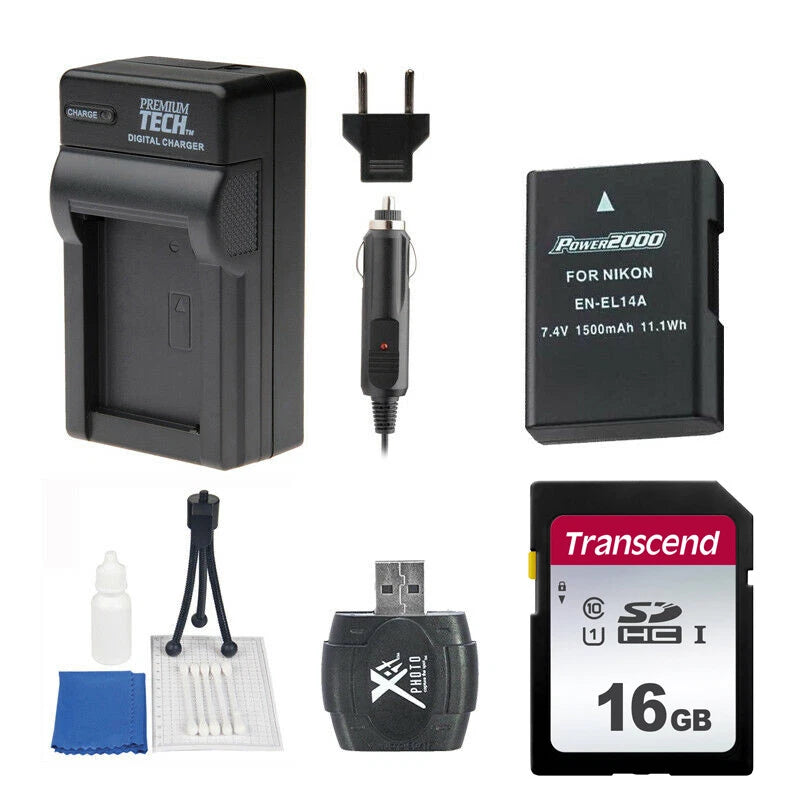 EN-EL14 Battery + Charger 16GB Value Kit for Nikon D3100 D3400 D5100 D5500