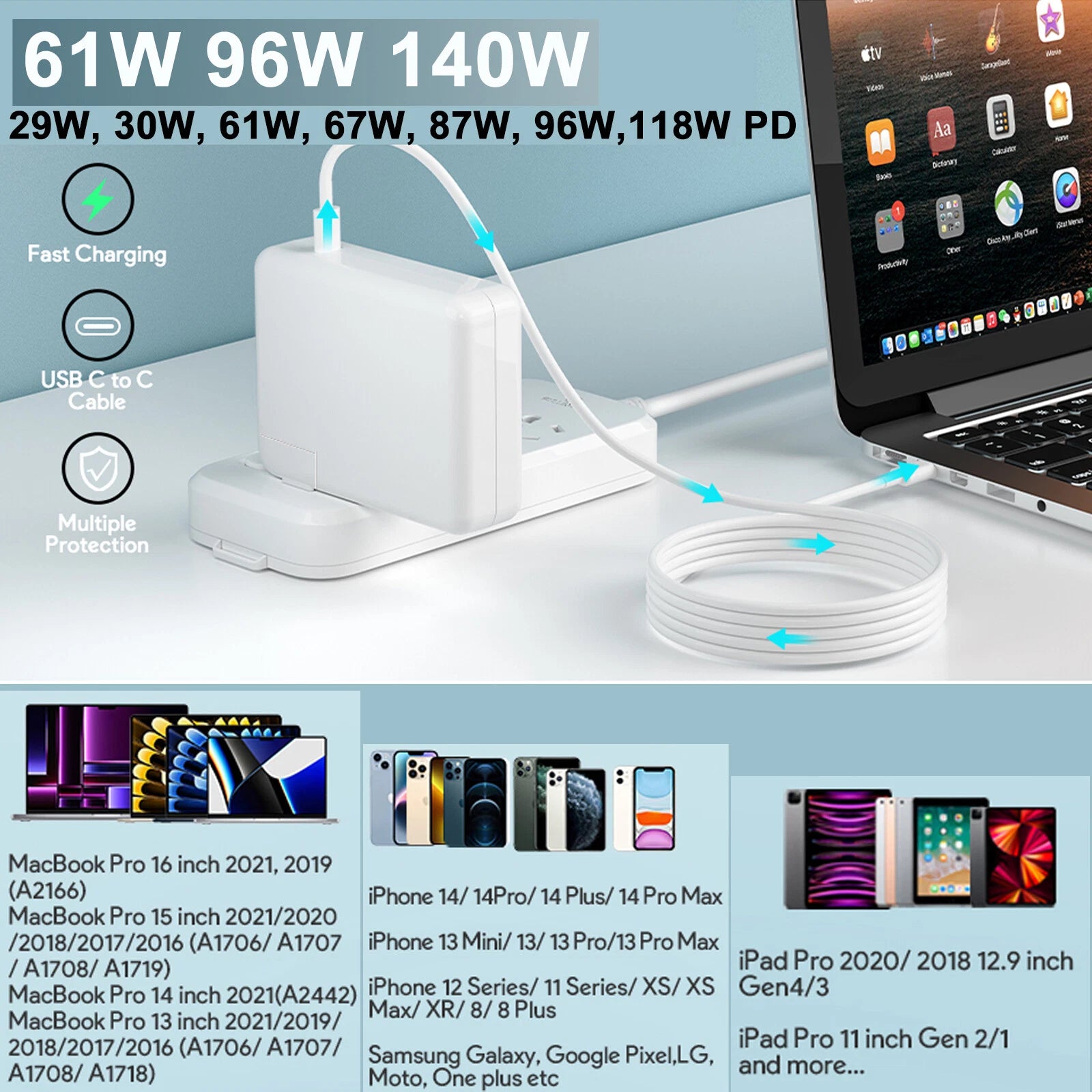 61W 96W 140W USB-C Power Adapter Charger For MacBook Pro/Air 16/15/14/13 Inch