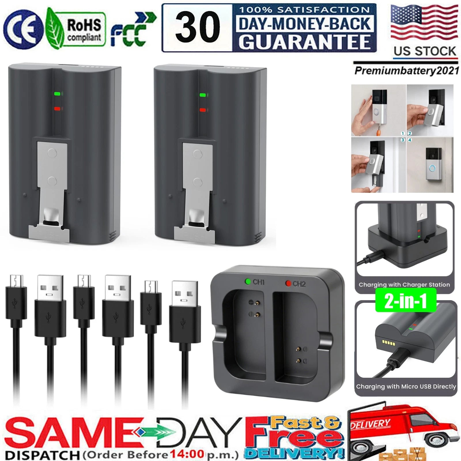 ?2x Rechargeable Battery For V4 Ring Video DoorBell 2, 3 4 Quick Release NEW
