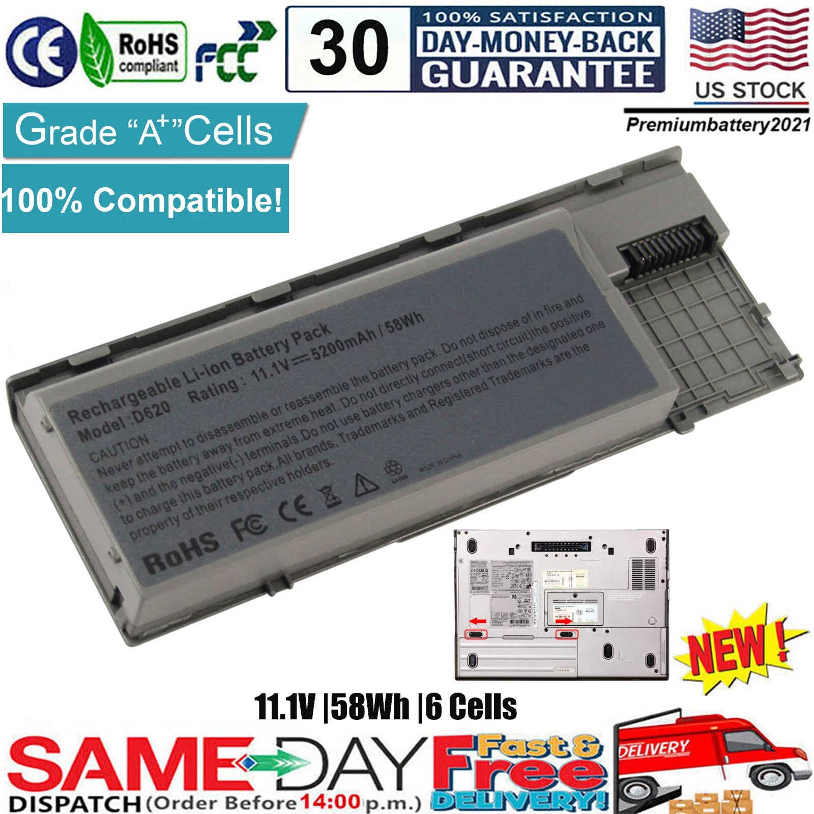 ?6 Cell Battery for Dell Latitude D620 D630 D640 PC764 TC030 Precision M2300 US