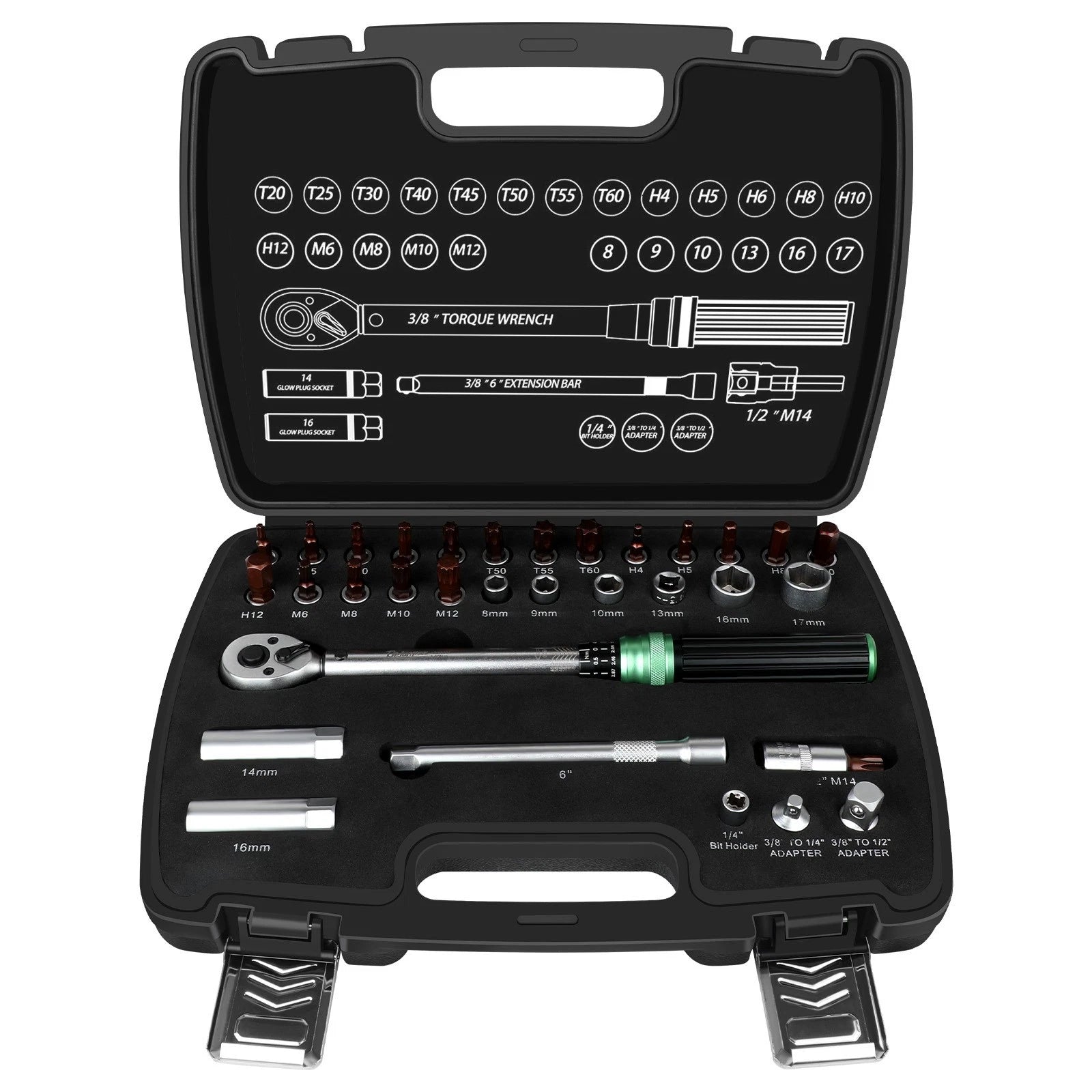 32pcs Torque Wrench Set 3/8-Inch Drive Click Torque Wrenches w/Adapters 1/4 1/2