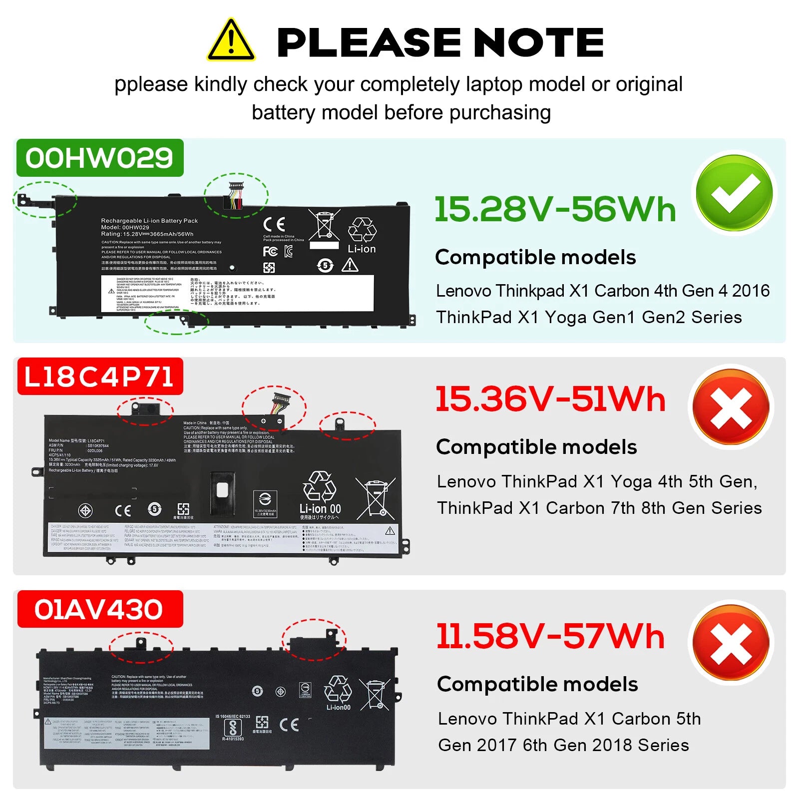 01AV458 00HW028 00HW029 Battery For Lenovo ThinkPad X1 Carbon 4th Gen Yoga 56Wh