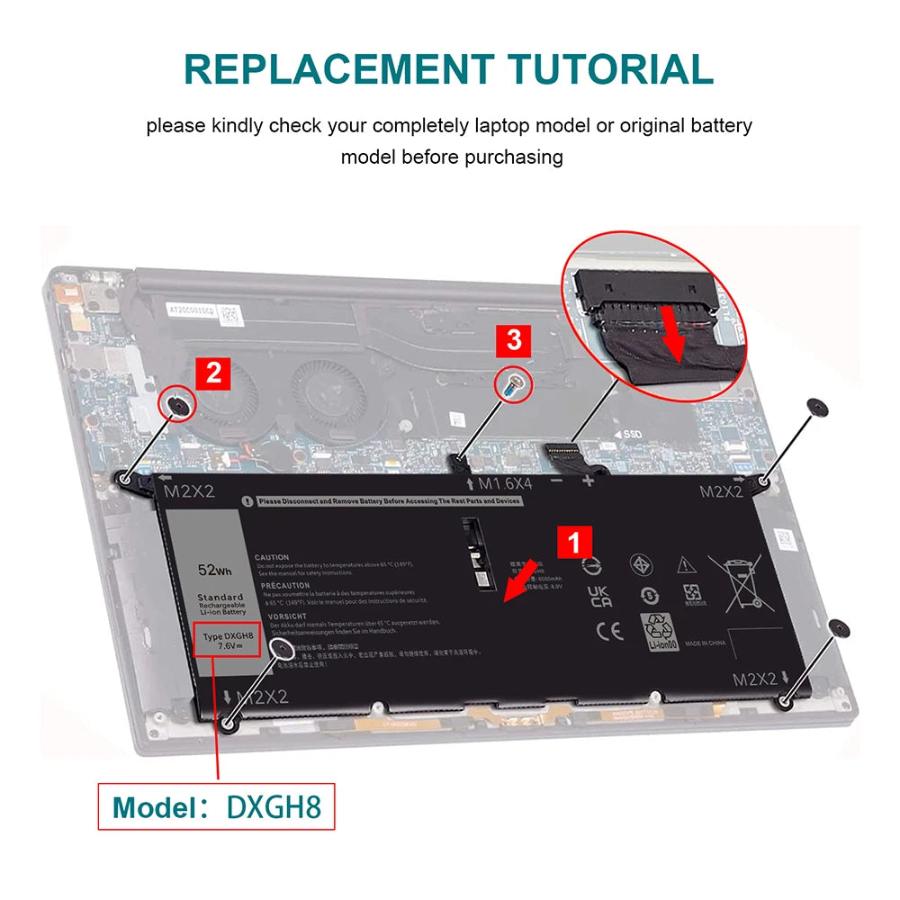 DXGH8 0DXGH8 Battery For XPS 13 9370-D1605G XPS 13 9380 2019 Latitude 3301 52Wh