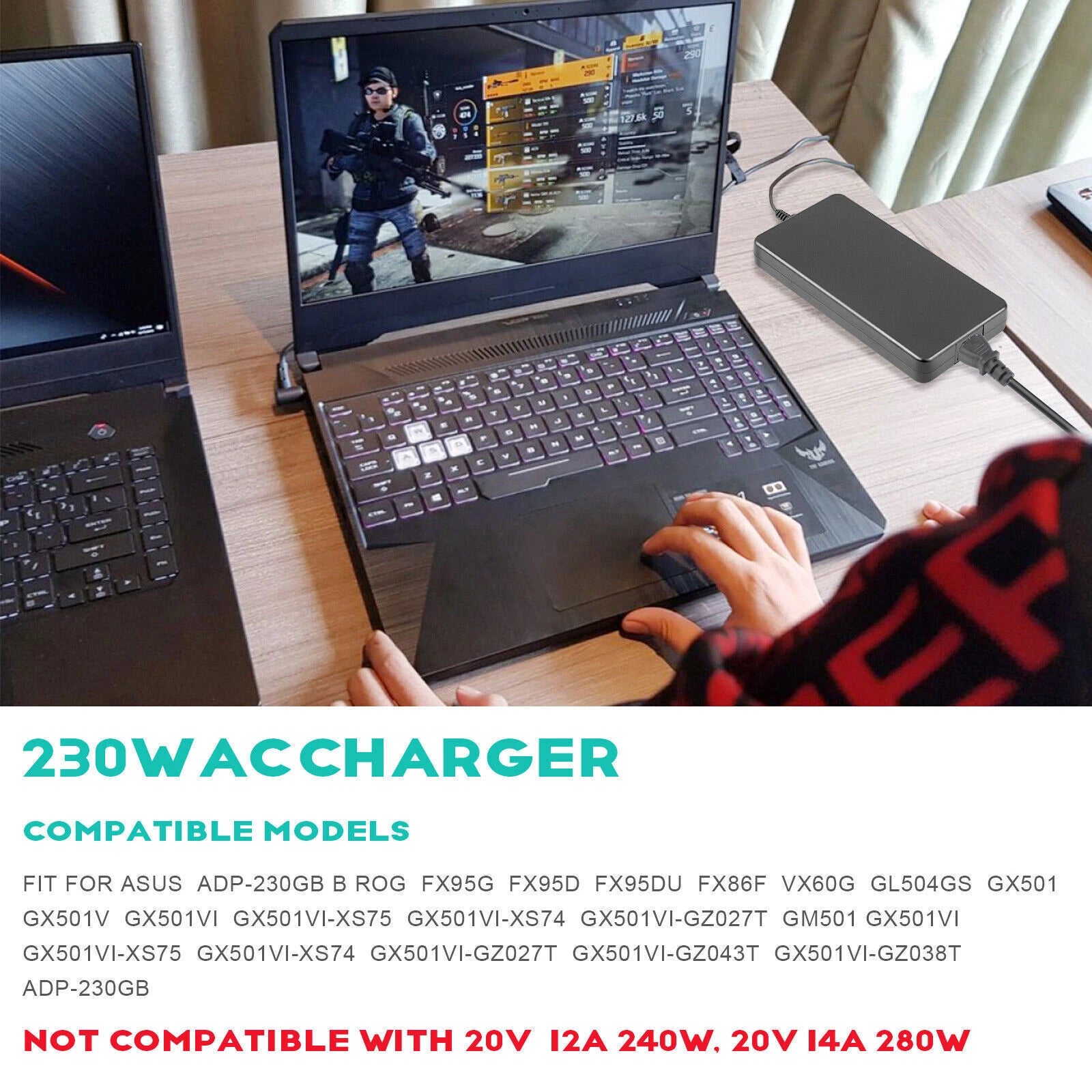 230W AC Adapter Charger + Cord for Asus ROG GU502 GU502GV GX501 GL704 6.0 3.7mm